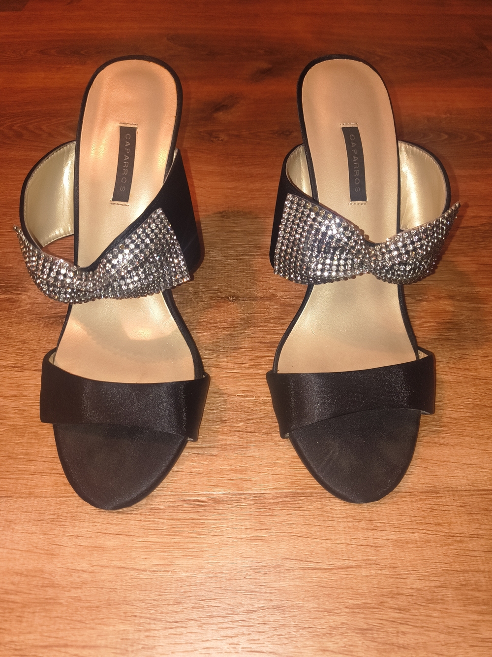 Caparros Black Satin Heeled Slide Sandals with Crystal Bow